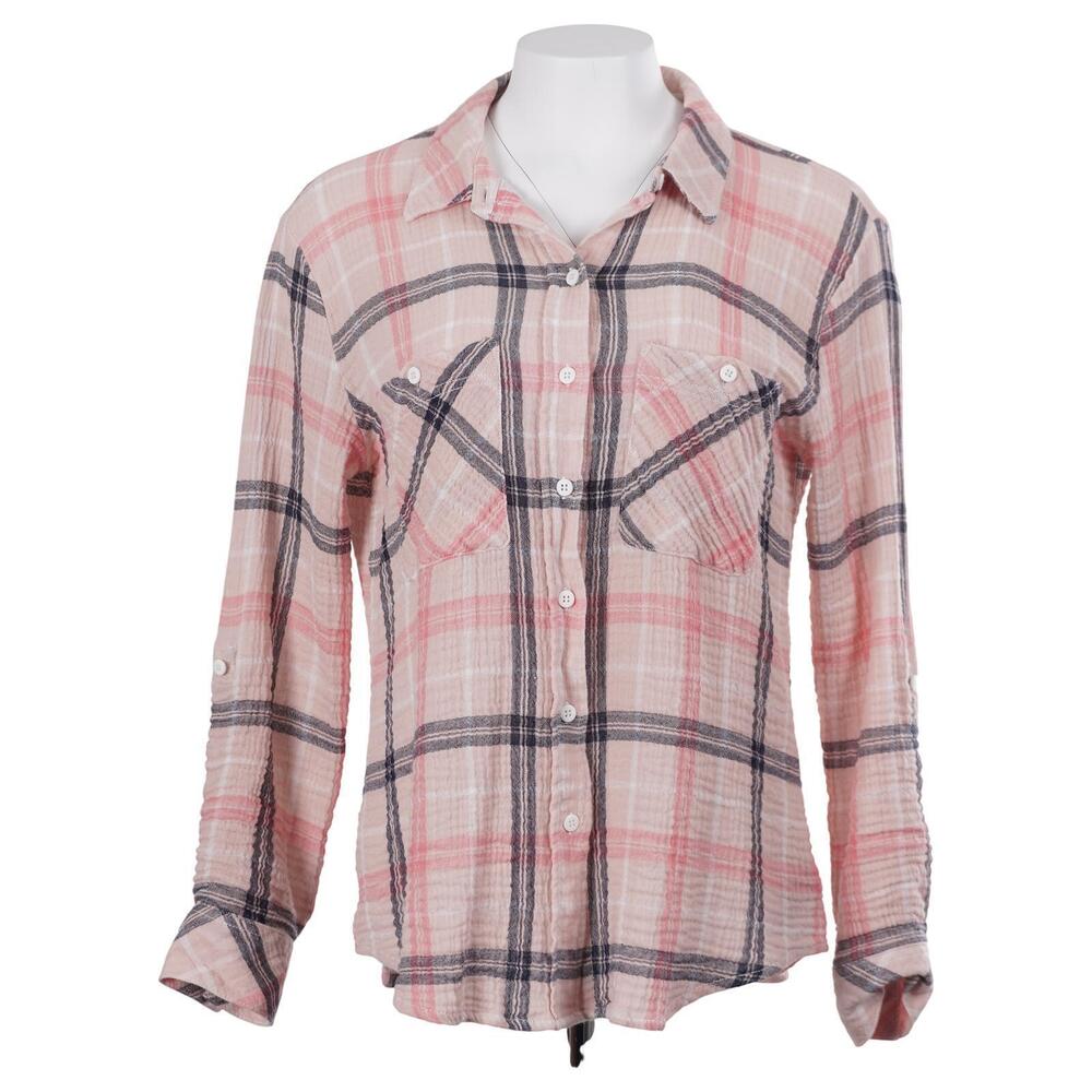 Sanctuary Top M Pink Cotton Gauze Plaid Roll Tab Long Sleeve Button Up Casual